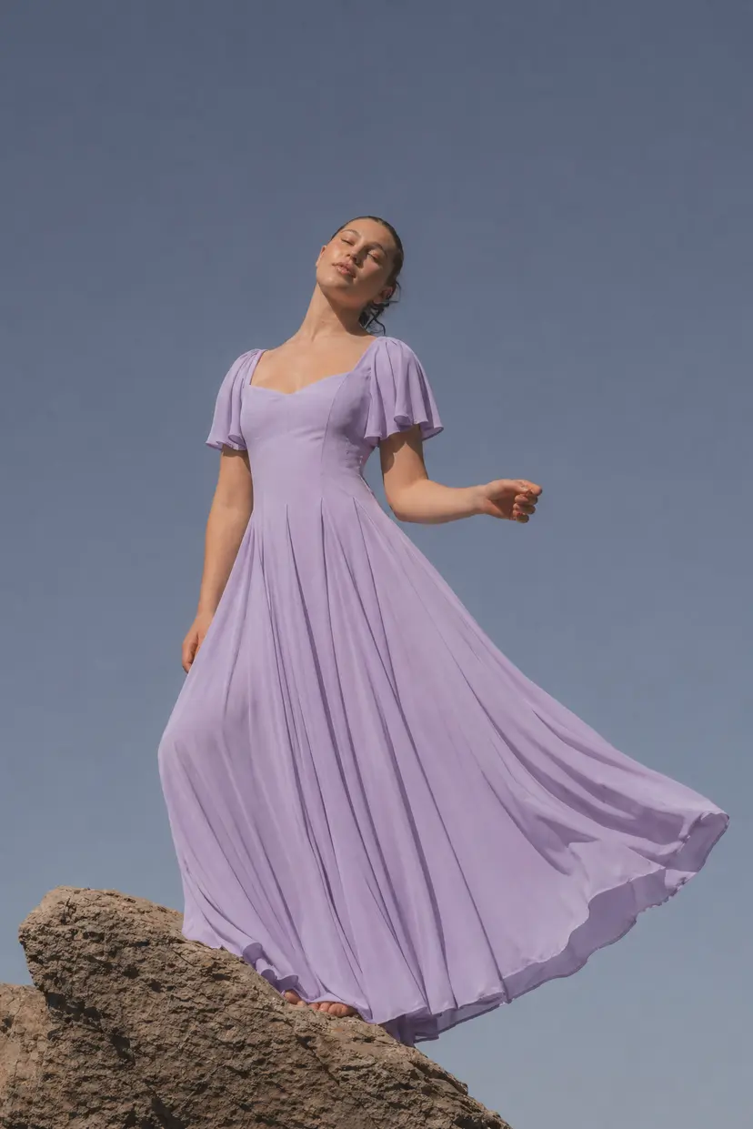 MurlongCres. Alette Maxi Dress Flutter Sleeves – Lavender Bridesmaid & Wedding Guest Dress, XXS