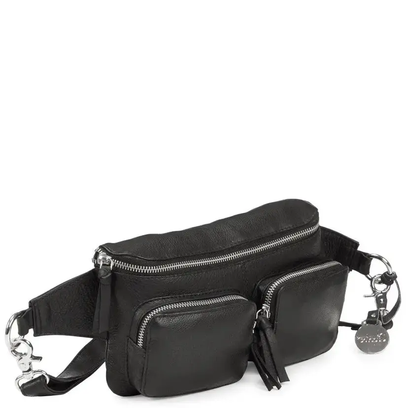 Octopus Denmark Style Nile i sort med lynlåse, ringe & karabiner i sølv. Suveræn skulder,- crossbody & bumbag taske i flot læder