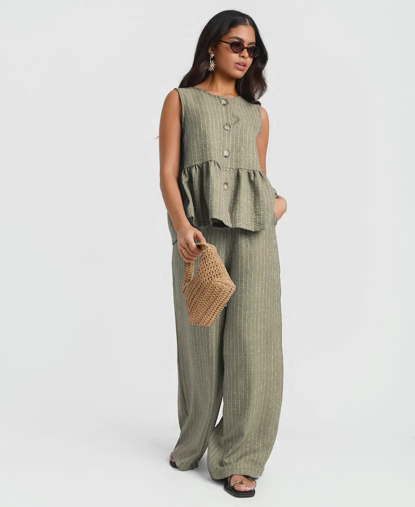 Needs No Label Khaki Stripe Peplum Co-ord Top
