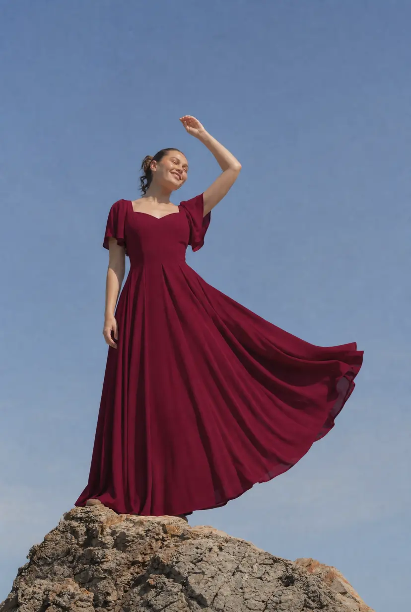 MurlongCres. Alette Maxi Dress Flutter Sleeves – Burgundy Bridesmaid & Wedding Guest Dress, XXS