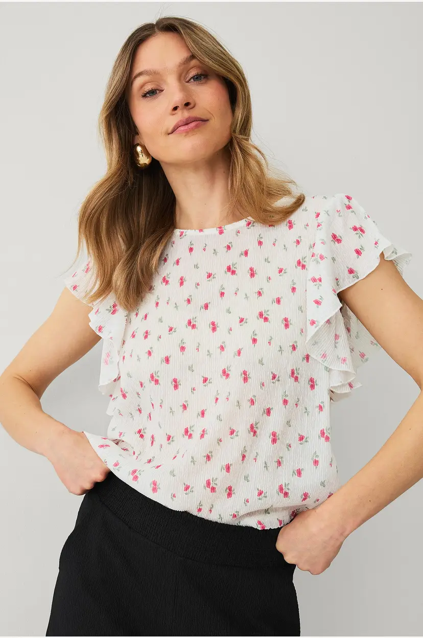 Ellos Collection Jerseybluse med draperte volangermer - Hvit
