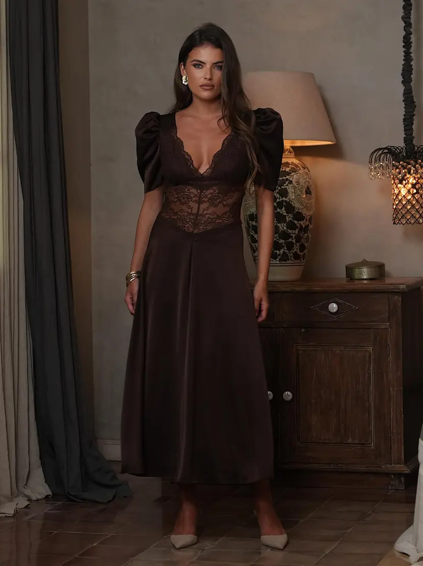 Love Lolina Francis Lace Midi Dress Espresso - XXS