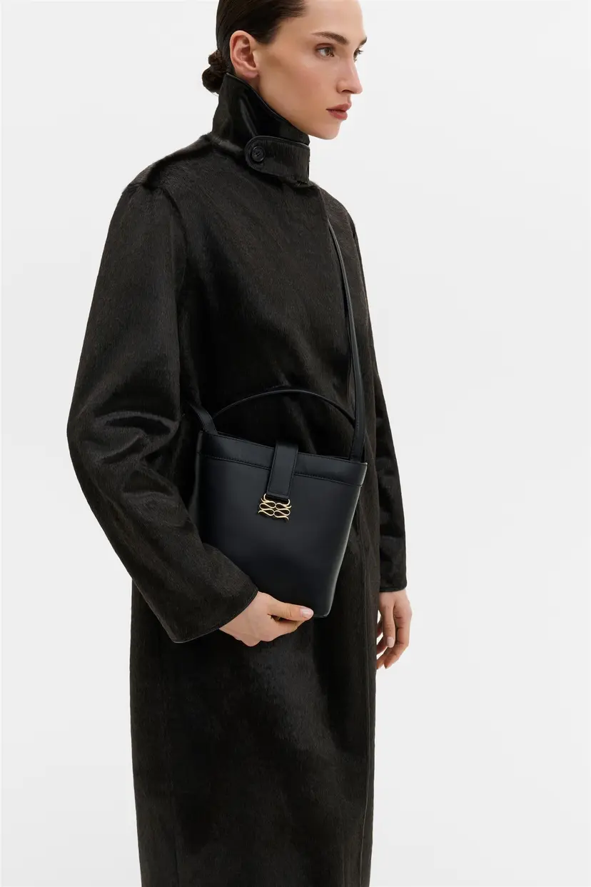 Malina Monogram Leather Bucket Bag Black