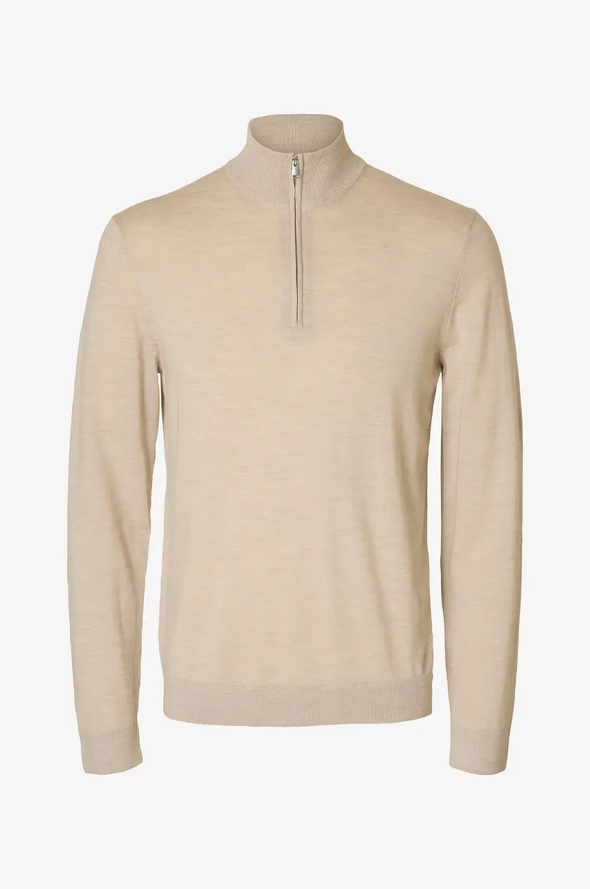 Selected Men Genser slhTray LS Knit Merino Half Zip - Beige