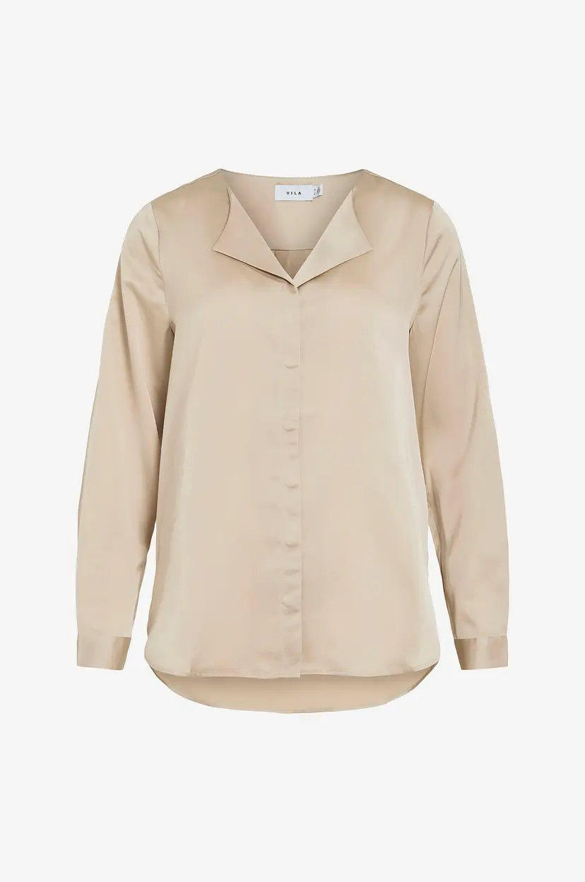Vila Skjorte viEllette V-neck L/S Satin Shirt - Beige