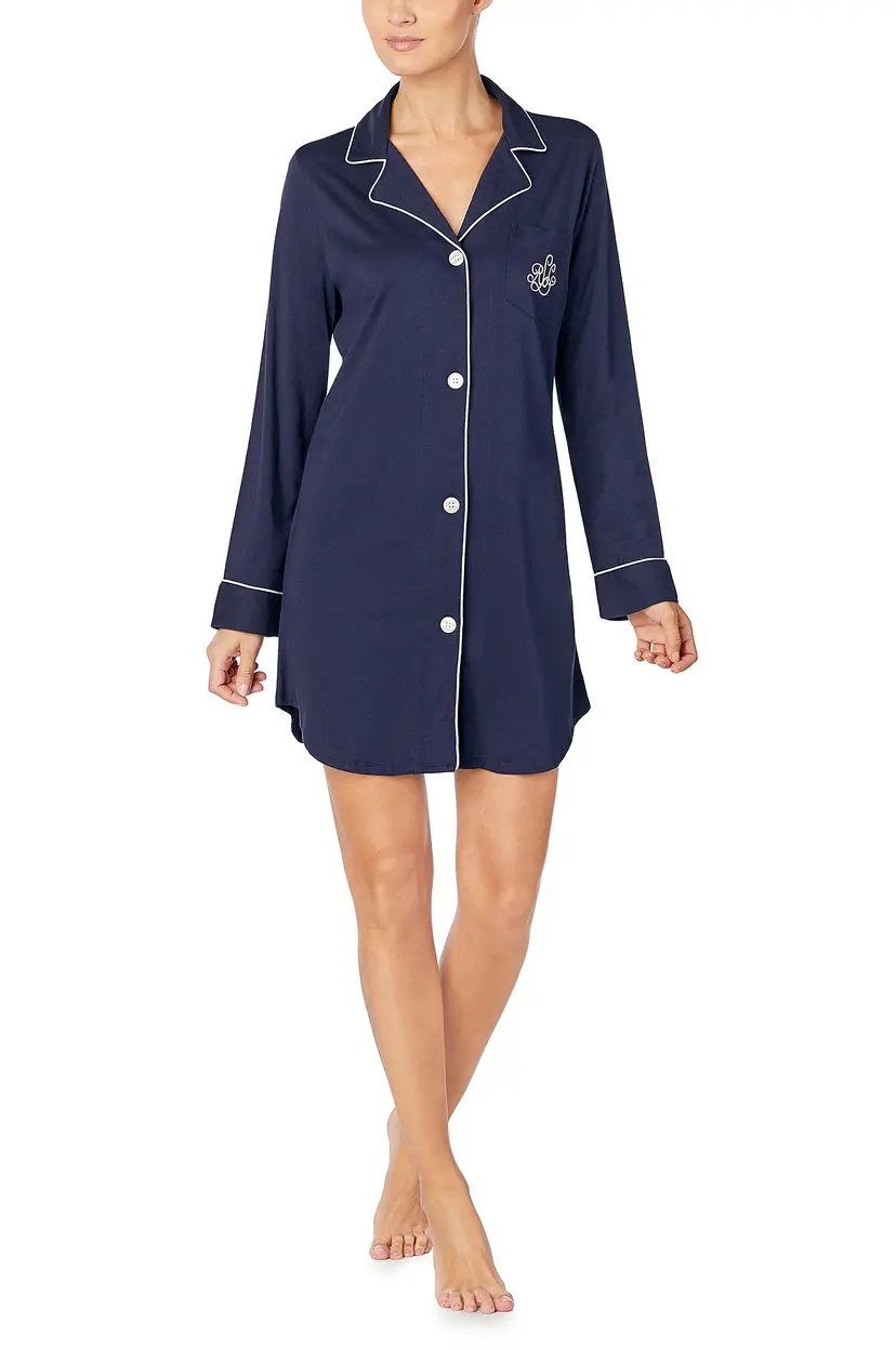 Lauren Ralph Lauren Nattskjorte LRL Knit Collar Sleepshirt - Blå