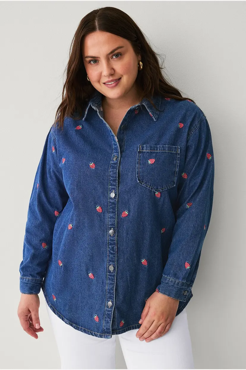 Zizzi Denimskjorte jEva L/S Embroidery - Blå