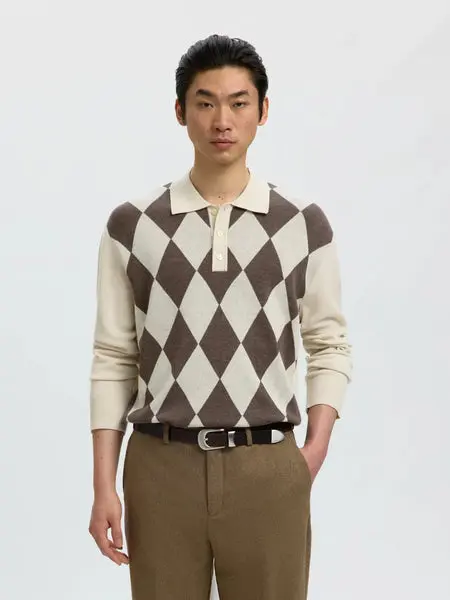 SELECTED Slmtray LS Merino Argyle Polo