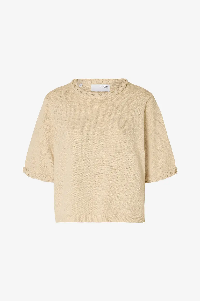 Selected Women Topp slfAlma 2/4 Knit O-neck - Beige