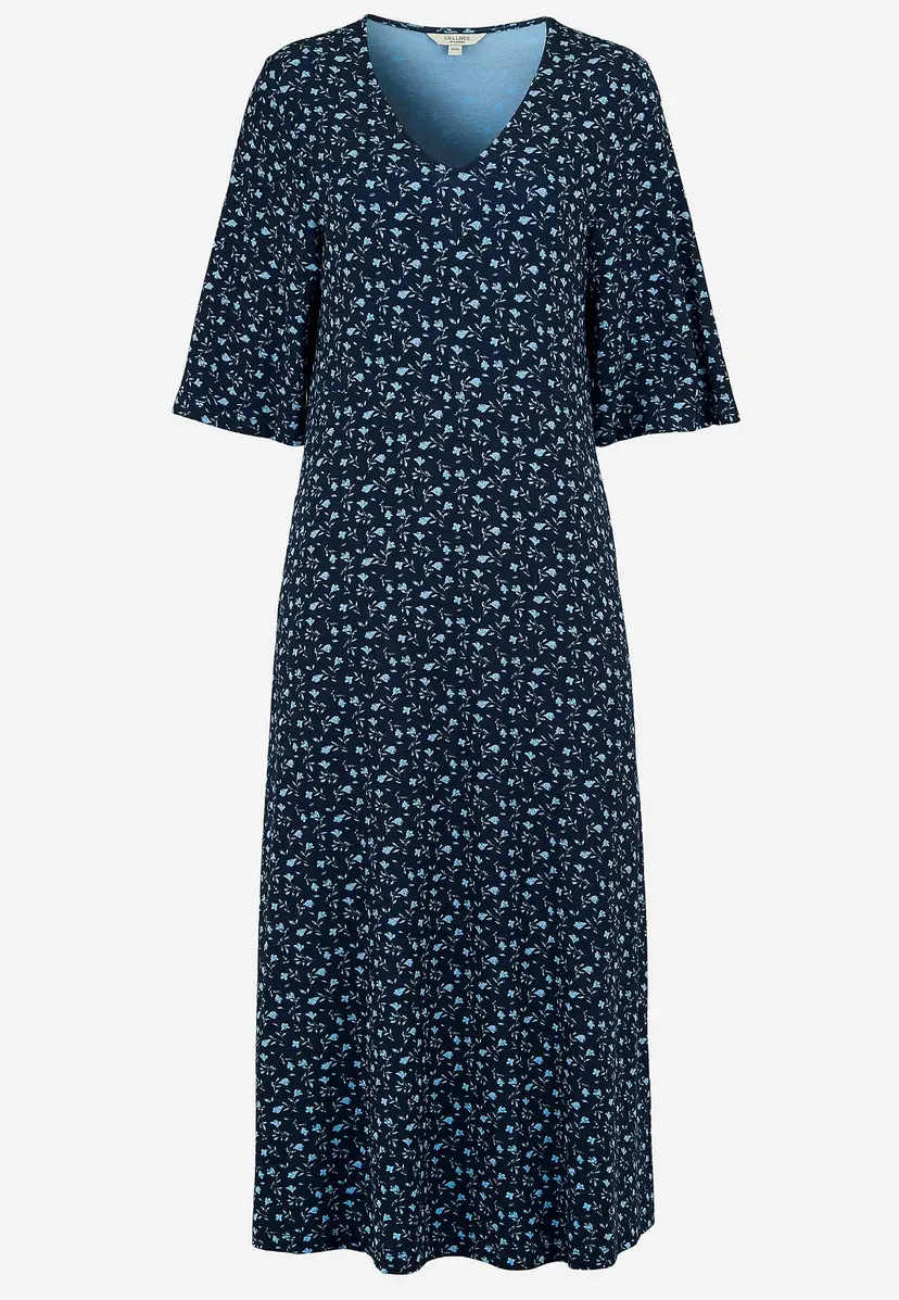 Jersey-kjole med et blomstermønster og lommer