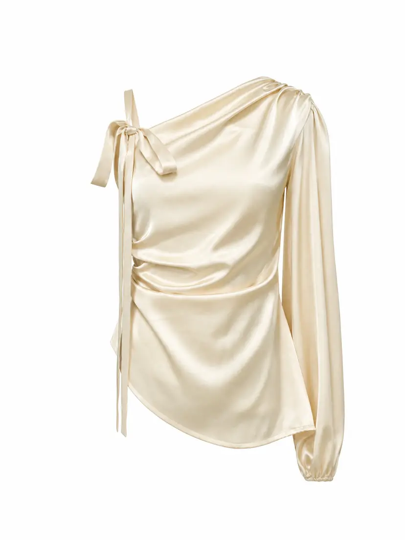 MurlongCres. Hilde Asymmetric Draped Satin Top Ivory, XXS