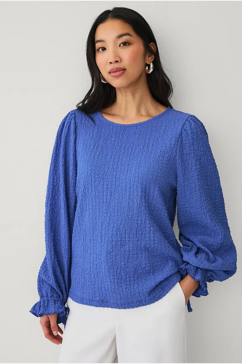 Ellos Collection Jerseybluse med bånd i mansjettene - Blå