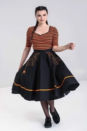 Lili Marleen Swingnederdel: Miss Muffet, sort nederdel med orange spider..
