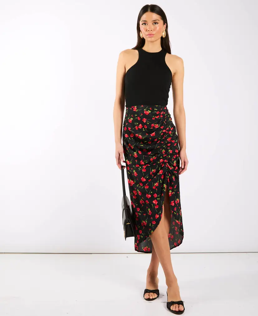 Needs No Label Black Floral Ruche Side Midi Skirt
