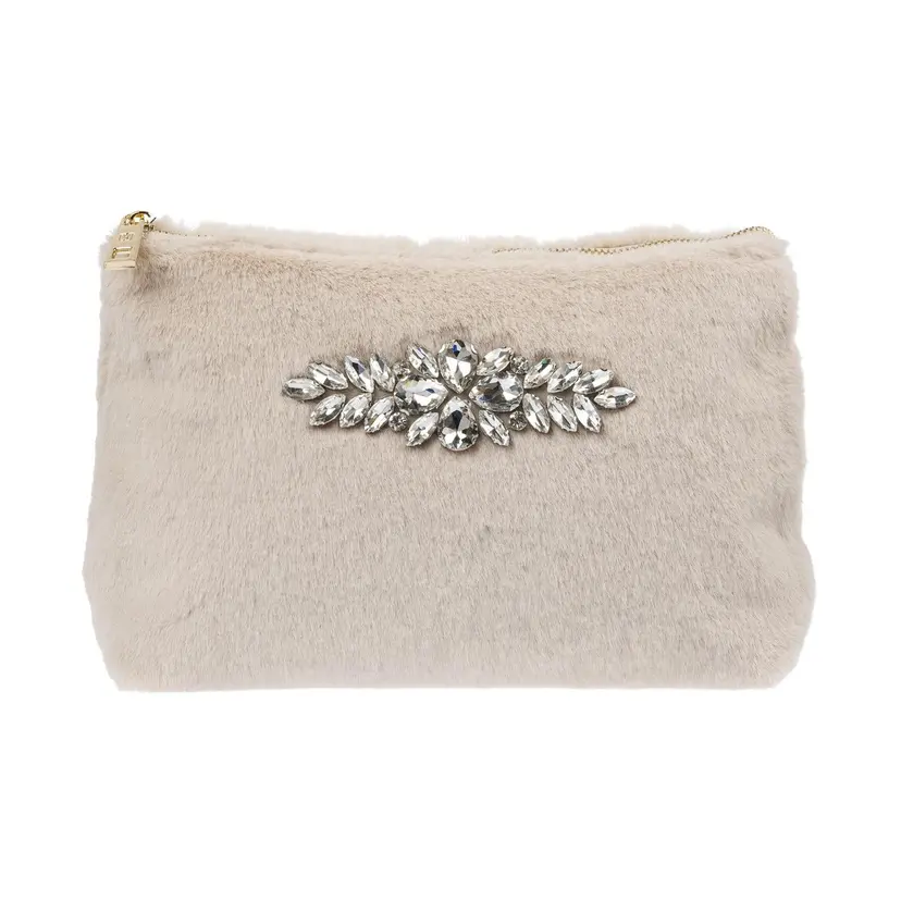 Dark Faux Fur Standing Pouch w/ Crystals Sand
