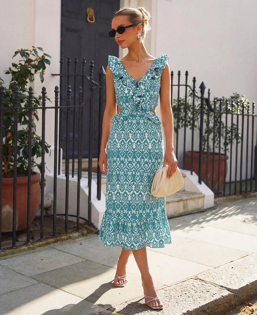 Needs No Label Green Ikat Ruffle Cutout Midi Dress