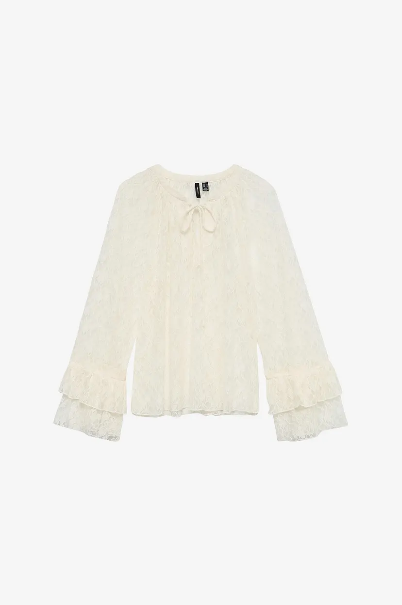 Vero Moda Bluse vmLoulou Lace LS Flounce - Hvit