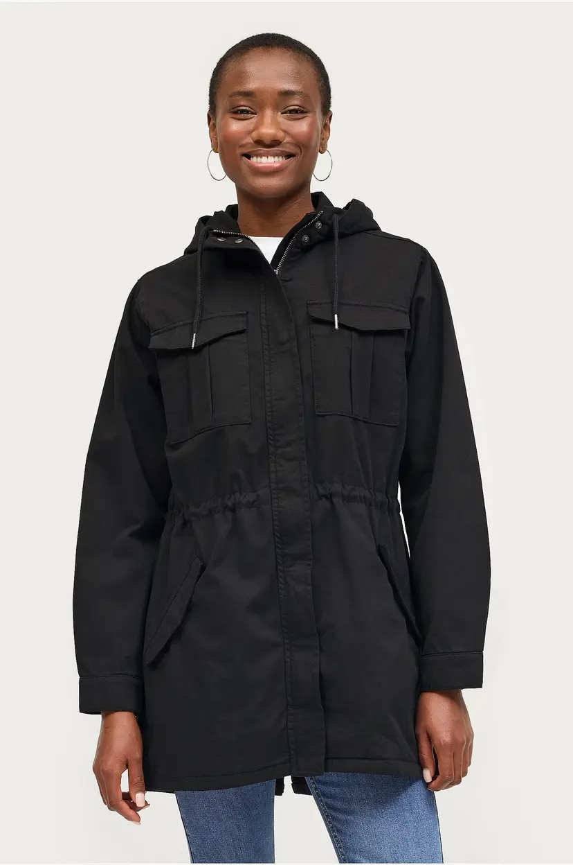 Ellos Collection Lang parka i bomullstwill - Svart