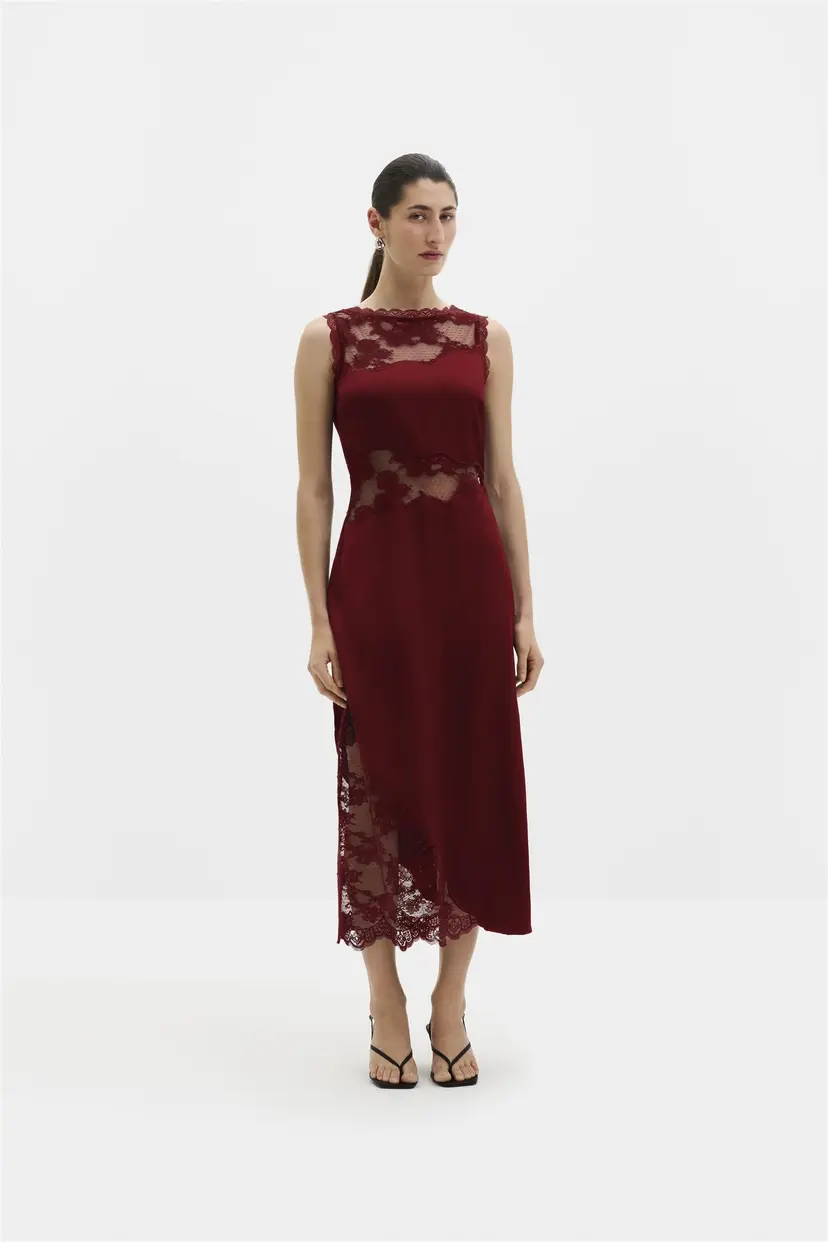 Malina Desire Lace Trimmed Cut Out Midi Dress Ruby - M