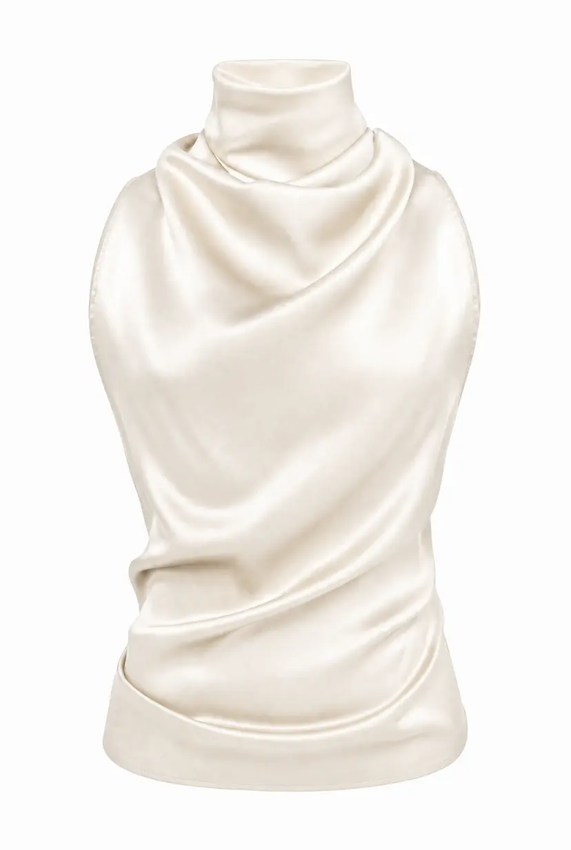 MURLONG CRES Helena High-Neck Silk Halter Top Ivory, XS-S