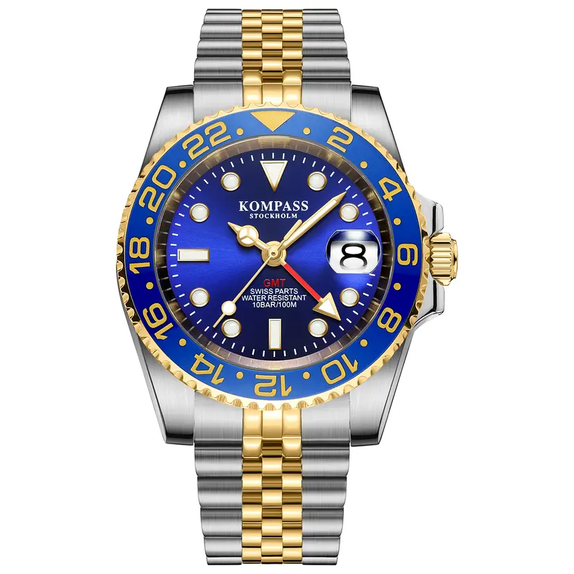 Kompass Stockholm Kompass GMT-Professional Jubilee Sapphire Steel Silver Gold Blue