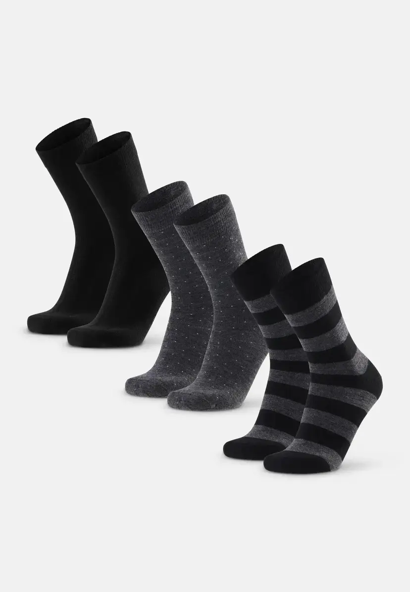 DANISH ENDURANCE DANISH ENDURANCE Merino Button Strømper, Sort | Grå Prikker | Grå Striber, 39-42