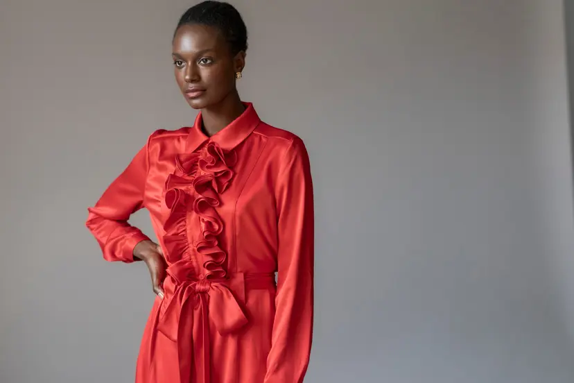 The Shirt Company Maria Regular Fit Ruffle Front Midi Shirt Dress In Red Satin Crepe