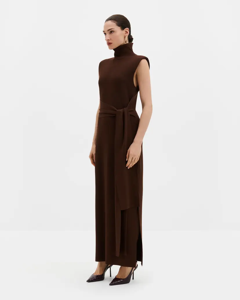 Malina Minna Waist Tie Knitted Maxi Dress Dark Brown - S