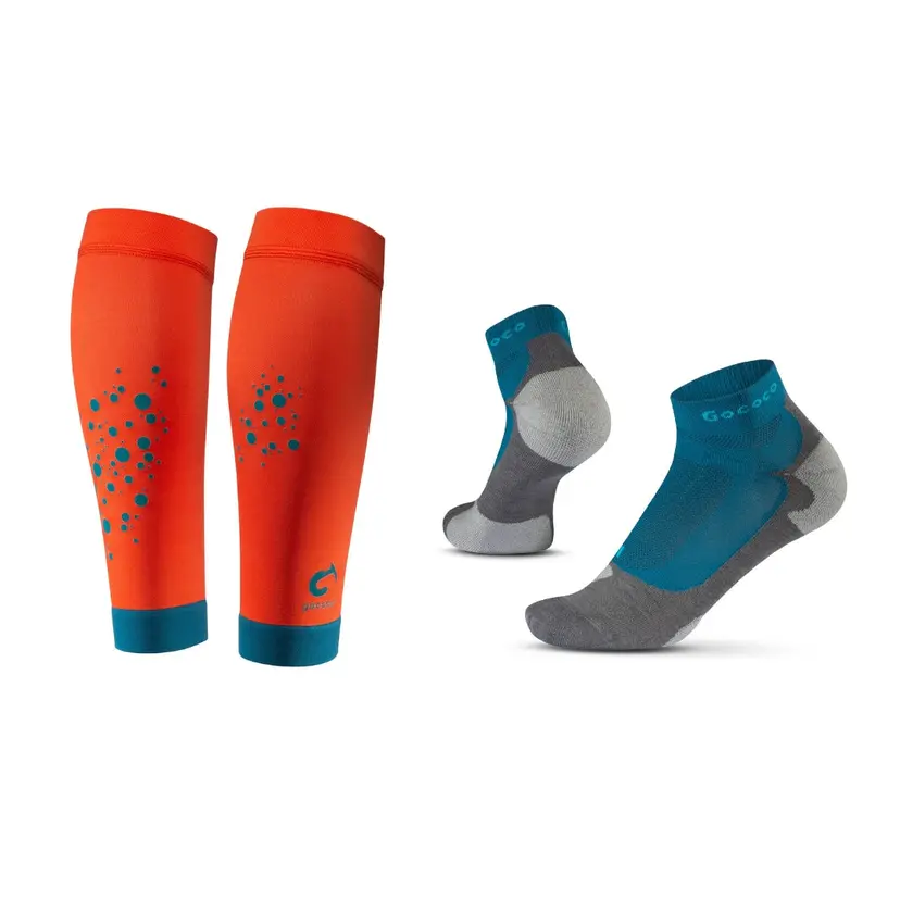 Gococo Compression Calf Sleeves Superior och Light Sport Kit Rödorange/Petroleum - S (Vadomkrets 27-32 cm) / 42-44