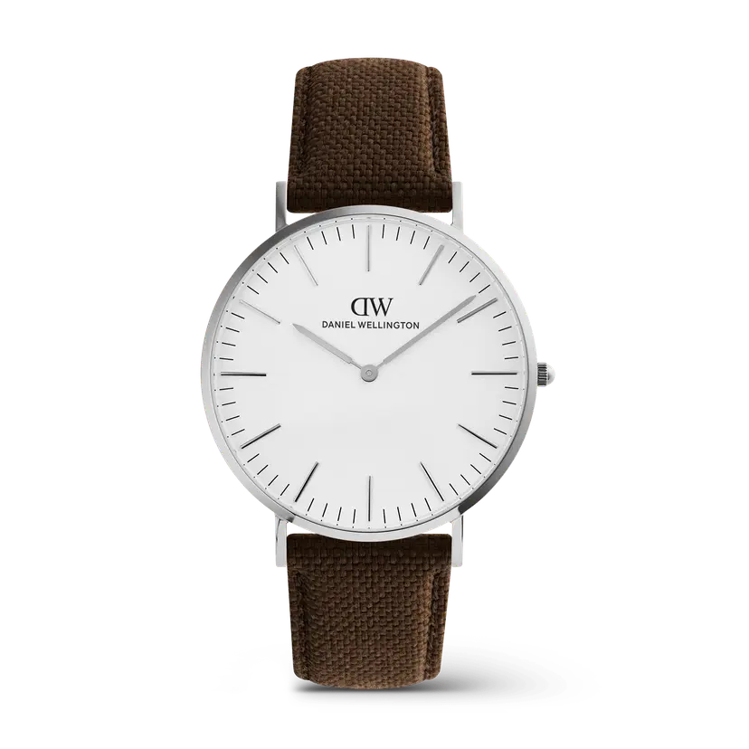 Daniel Wellington Silver 40mm Watch Classic Brown Canvas | DW