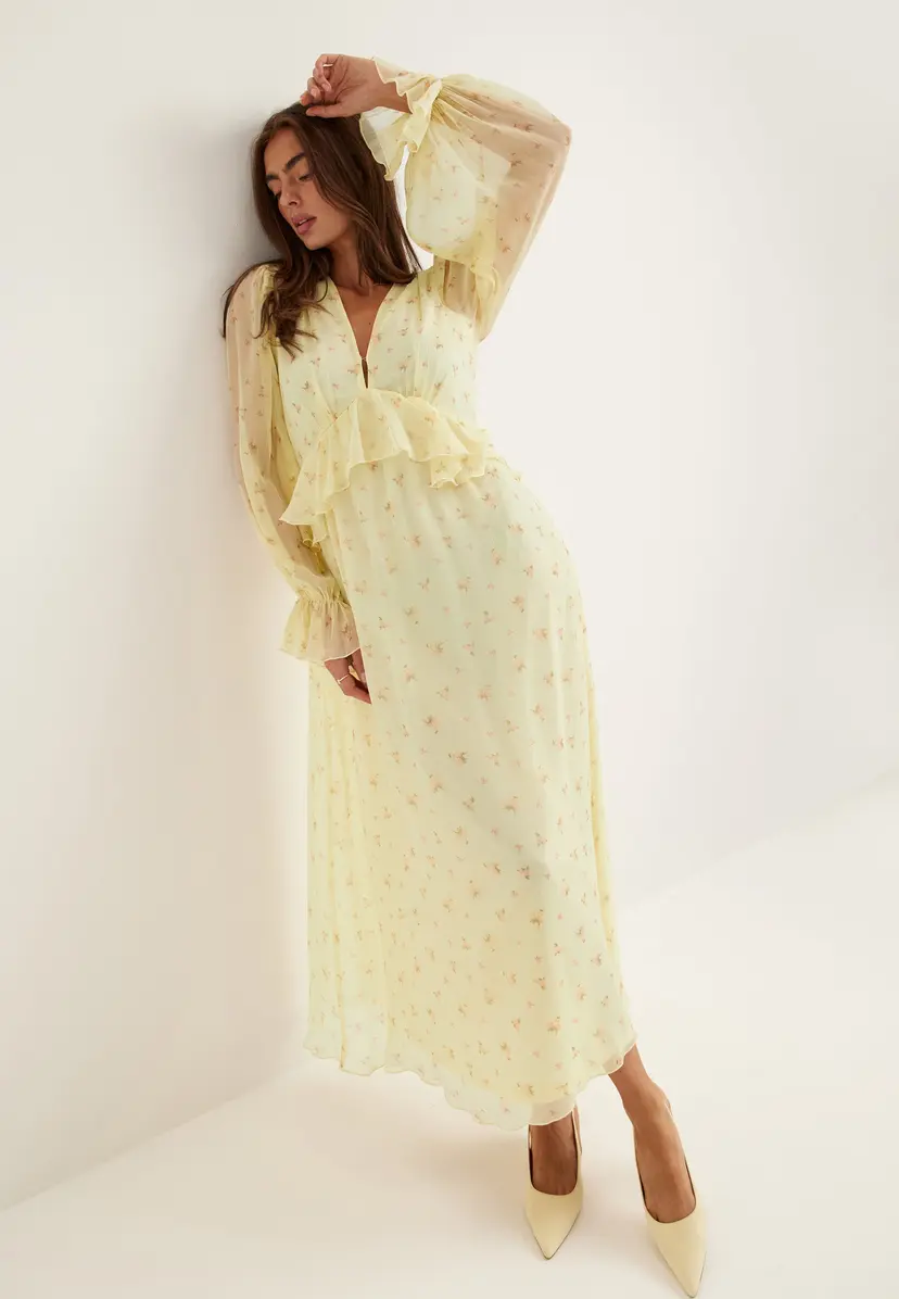 Bubbleroom Occasion Frill L/S Chiffon Midi Dress