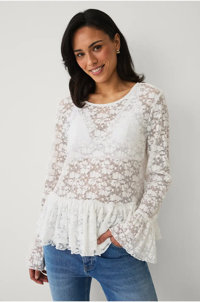 Ellos Collection Jerseybluse med volanger - Hvit