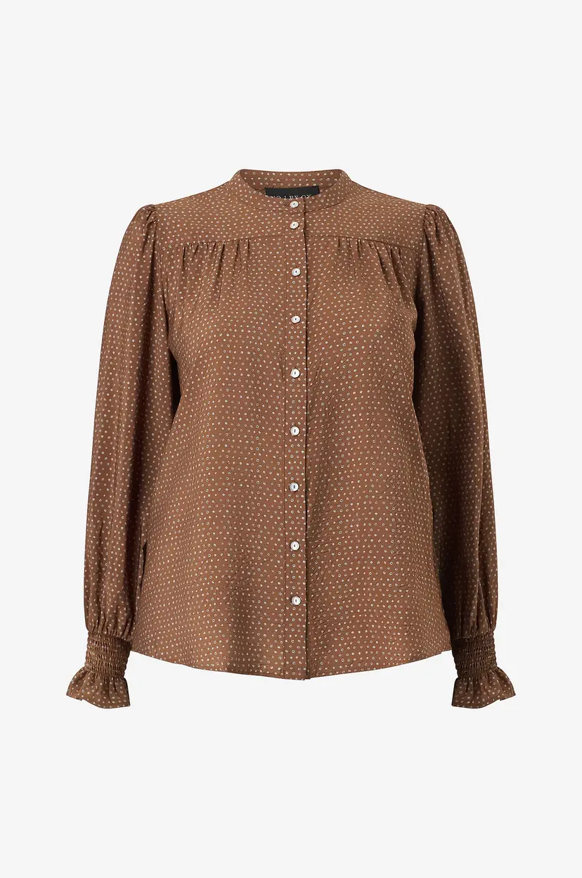 NO. 1 BY OX Bluse Shirt w china collar and LS smock cuffs flair - Brun