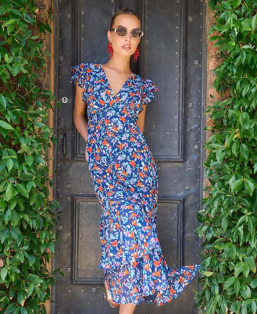 Needs No Label Blue Floral Ruffle Midi Dress