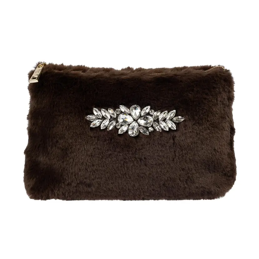 Dark Faux Fur Standing Pouch w/ Crystals Chocolate Brown