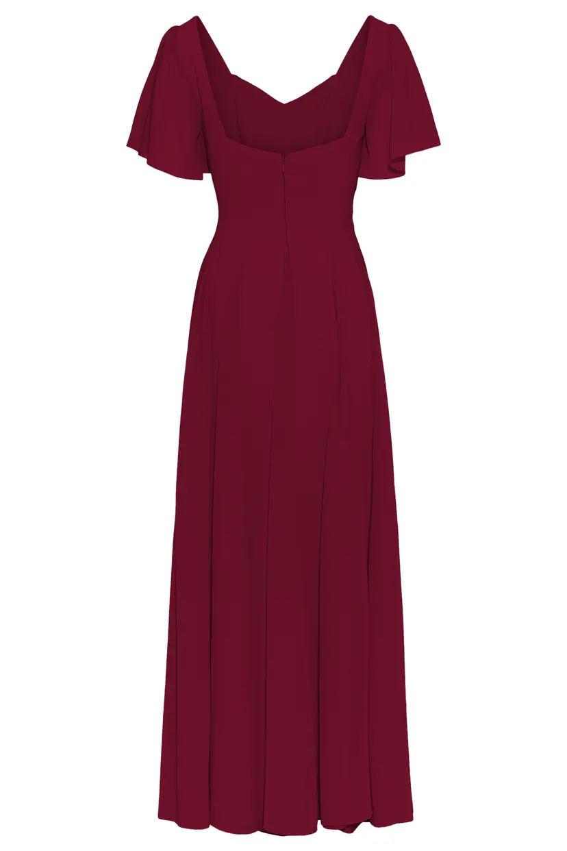 MurlongCres. Alette Maxi Dress Flutter Sleeves – Burgundy Bridesmaid & Wedding Guest Dress, XXS