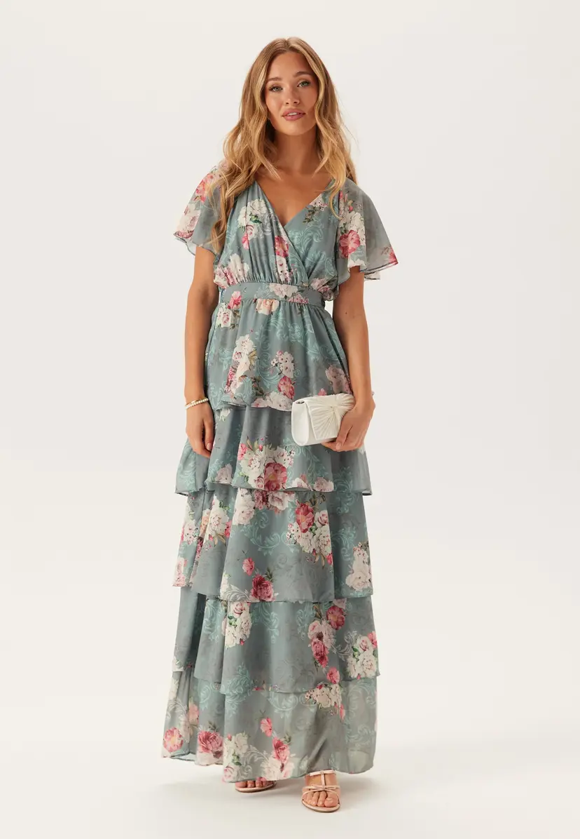 Goddiva Floral Flutter Tiered Maxi Dress