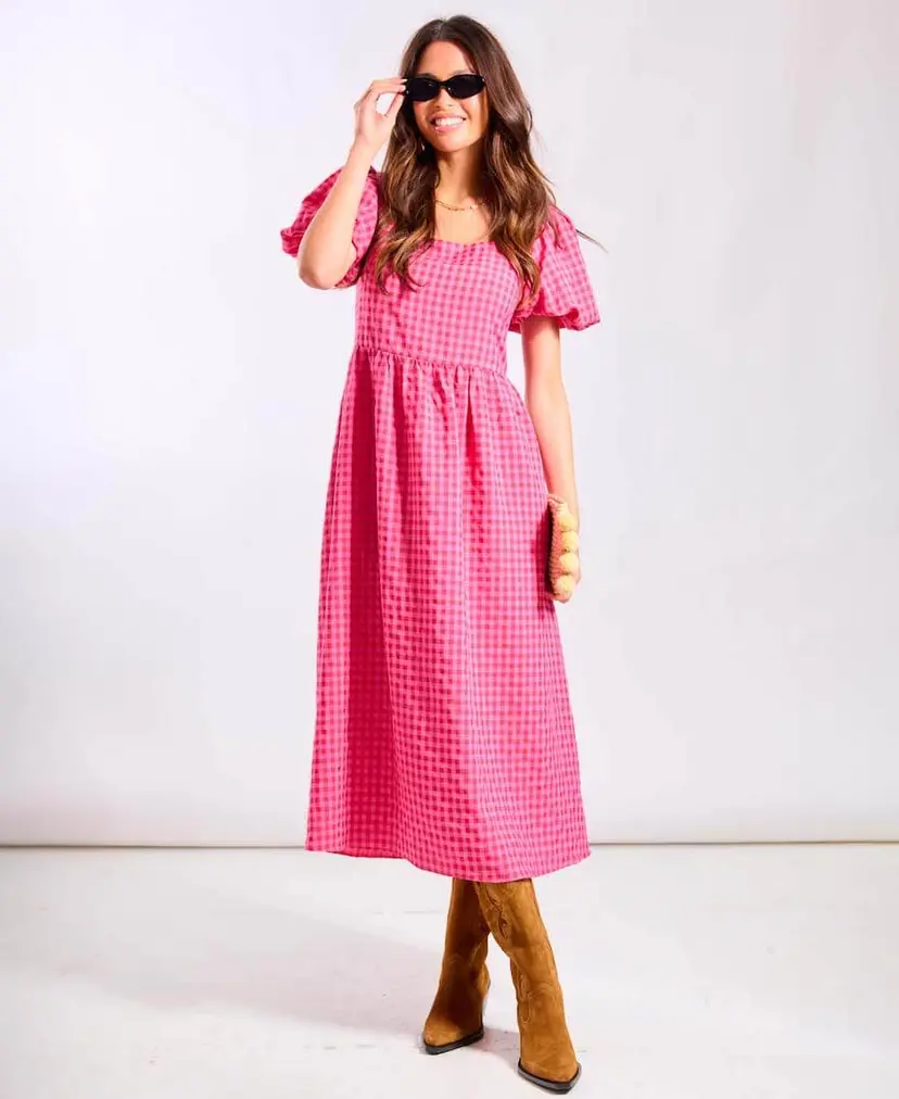 Needs No Label Pink Gingham Midi Dress