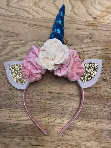 Lili Marleen Enhjørning/unicorn hårbøjle, blå med lyserød, creme blomster, deluxe