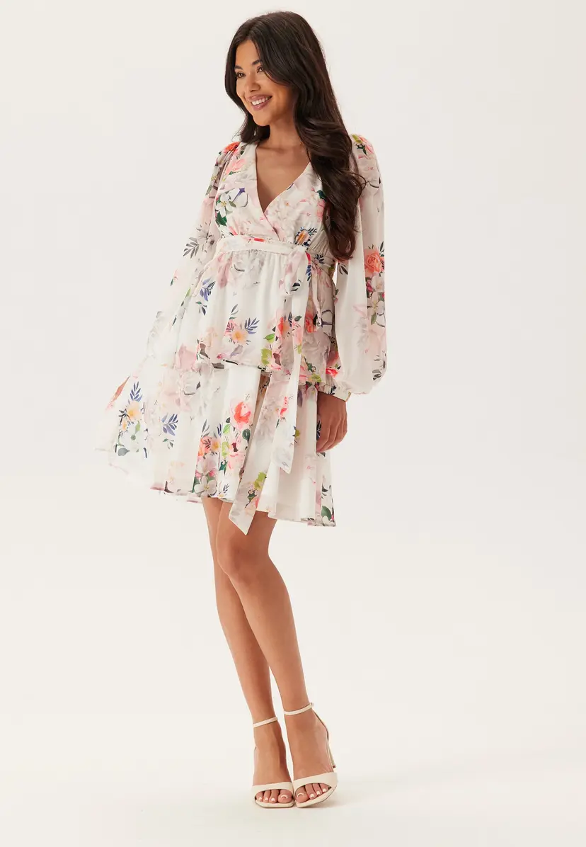Goddiva Floral Long Sleeve Tiered Skater Dress