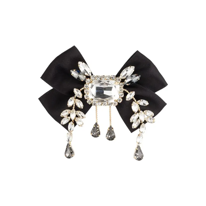 Dark Satin Bow Brooch w/ Crystals Black