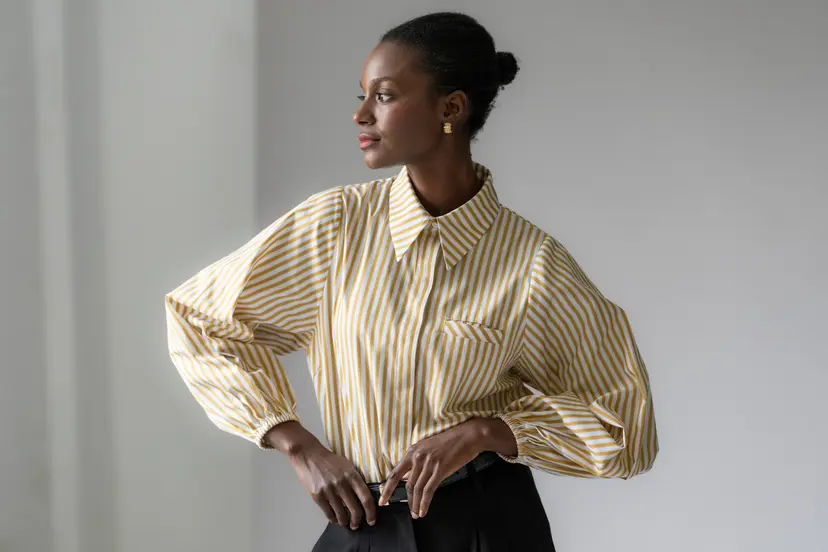 The Shirt Company Candice Easy Fit Welt Pocket Shirt In Mustard Stripe Cotton Poplin