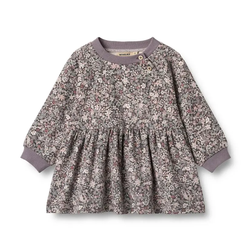 Wheat Wheat, Jersey Dress L/S Dorthea Baby, Purple Stone Flowers