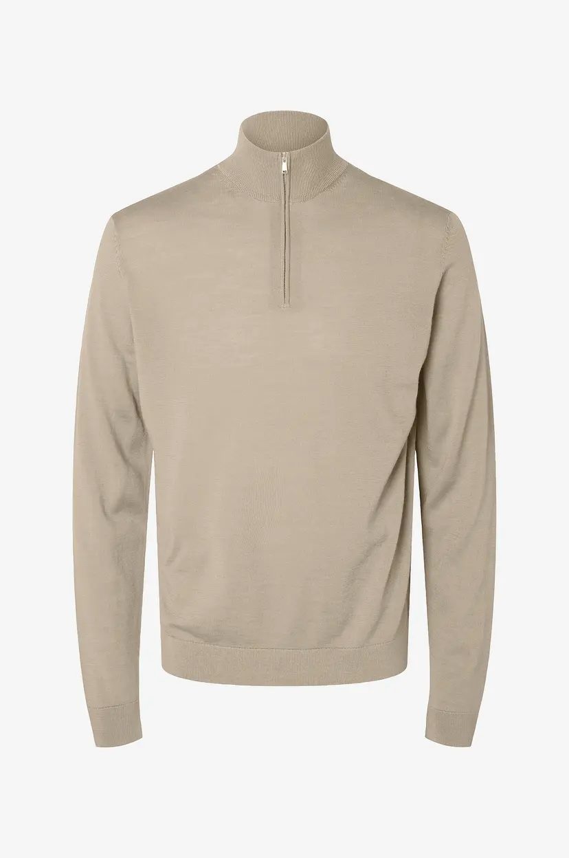 Selected Men Genser slhTray LS Knit Merino Half Zip - Beige