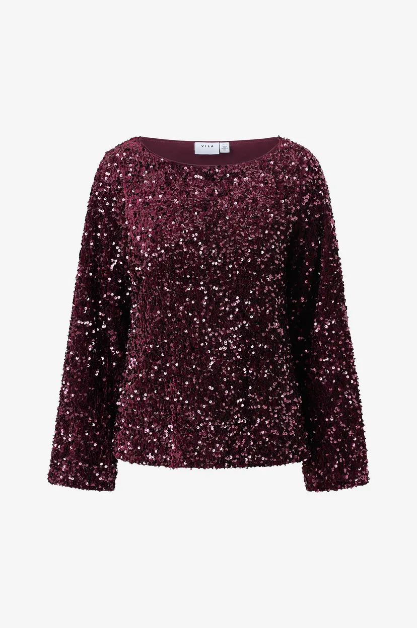 Vila Topp viFaith Boat Neck L/S Sequin - Rød