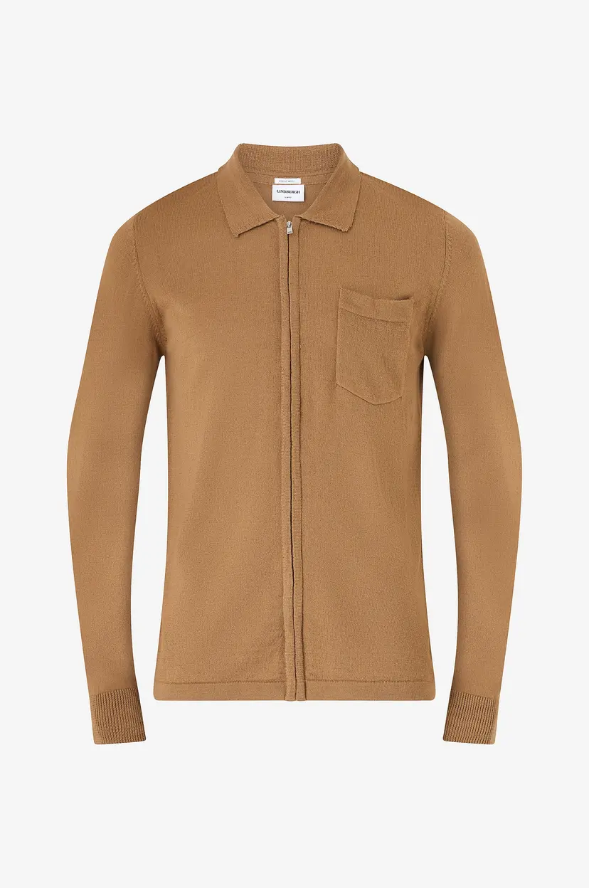 Lindbergh Kardigan Merino Polo Collar Cardigan - Brun