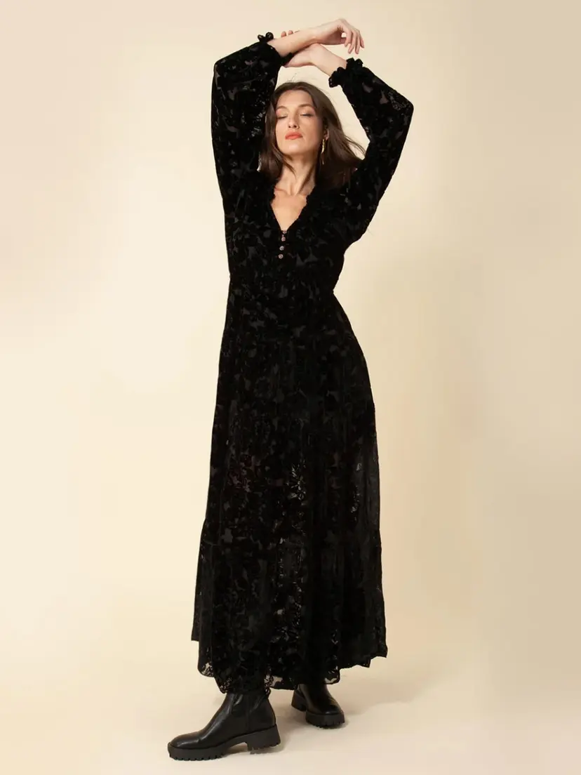 Hale Bob Lina Dress Long Velvet Burnout Black