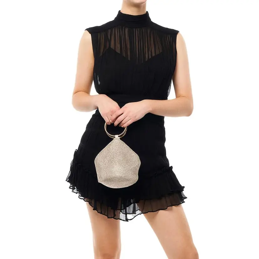 Olga Berg Ellie Crystal Mesh Ring Handle Bag Champagne