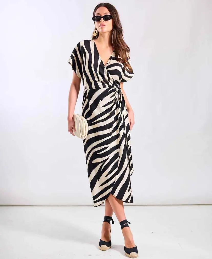 Needs No Label Cream Animal Viscose Wrap Midi Dress