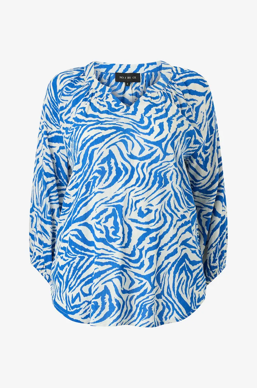 NO. 1 BY OX Bluse Wrinkle Neckline 3/4 Sleeves - Blå